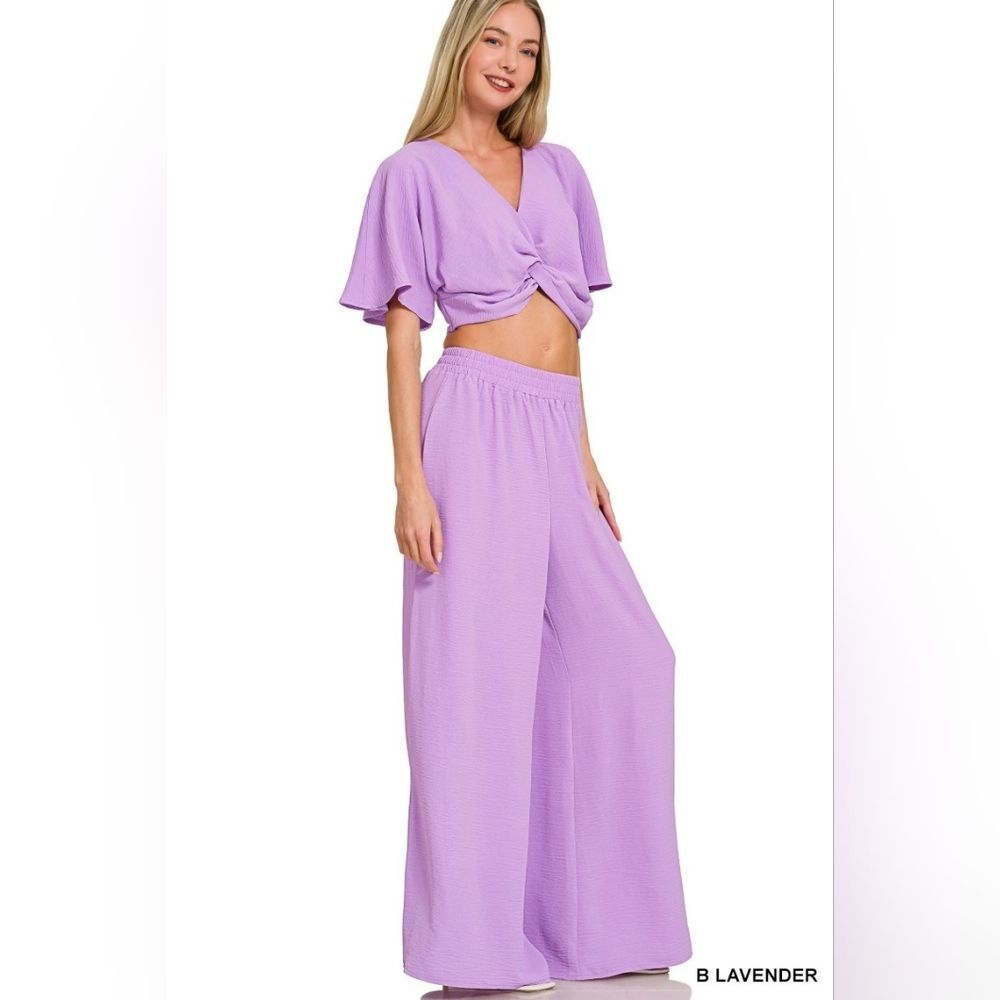 Zenana Casual Woven Twist-Front V-Neck TopTop & Wide Leg Pant Lavender Sz Large